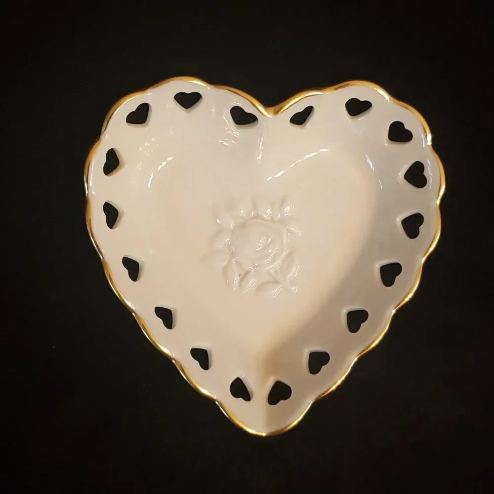 Small Vintage Lenox Heart Shaped Dish with Heart Shaped Cutouts Gold Trim